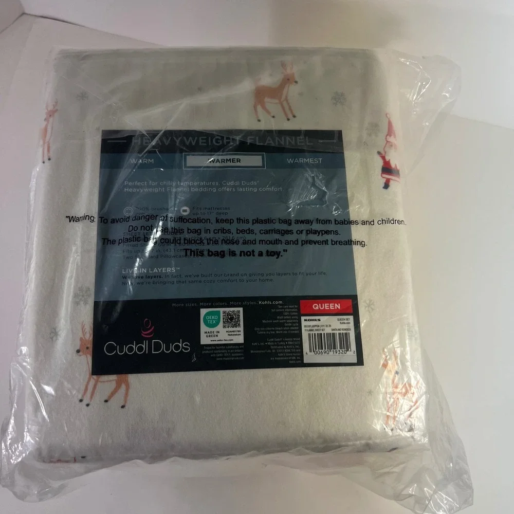 Cuddl Duds Heavyweight Flannel Queen Sheet Set BrushedCotton Santa Reindeer NIP